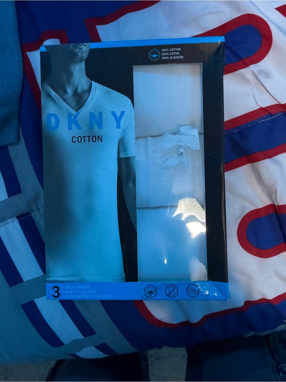 DKNY Black and Blue V-Neck Tee 3-Pack Box